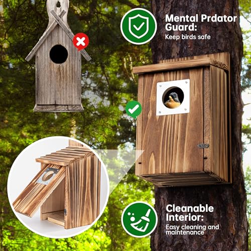 2 Pack Bird Houses for Outside with Metal Predator Guard, Carbonized Wooden Nesting Boxes G2616