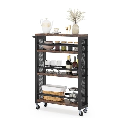 4-Tier Rolling Storage Cart with Handle, Slim Kitchen Cart, Black K5004