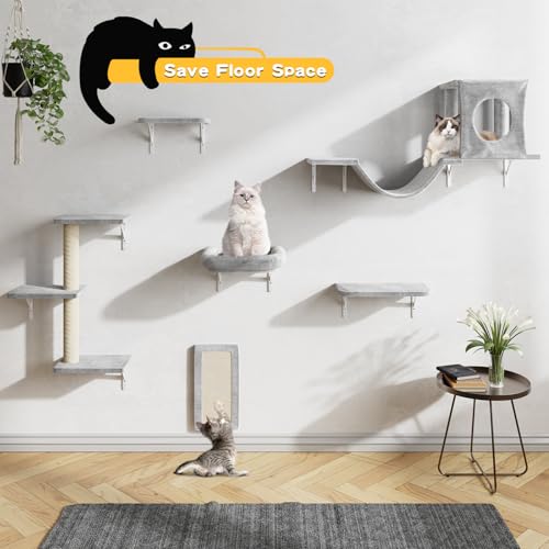 NUNU LAB Wall Mounted Cat Furniture, 7 Pcs Cat Wall Shelves with House, Gray T582052