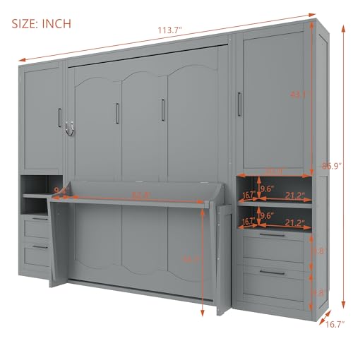 Ball & Cast Murphy Bed Queen Size Wall Chest with Charging Station and Storage Drawer, Gray J8503