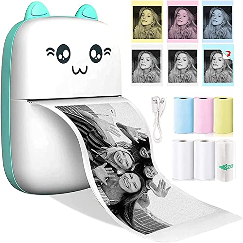 Portable Mini Printer, Mini Pocket Printer with 6 Rolls Printing Paper, Thermal Photo Printer for DIY Scrapbook, Text Memo, Notes, Office, Receipt, Inkless Printing (Blue)