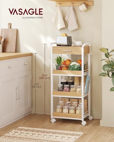 VASAGLE 4-Tier Rolling Utility Cart with Table Top, Lockable Casters, Rustic Brown and Ink Black L57262
