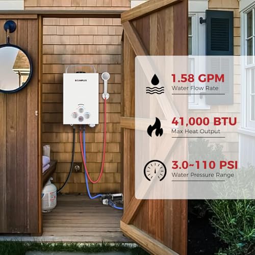 CAMPLUX 2.64 GPM Propane Portable Gas Water Heater, 68,000 BTU, White Y83276