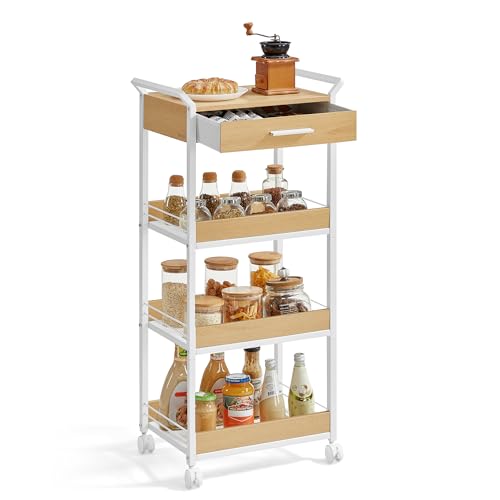 VASAGLE 4-Tier Rolling Utility Cart with Table Top, Lockable Casters, Rustic Brown and Ink Black L57262