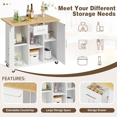 Shintenchi Kitchen Island with Drop Leaf, Rolling Cart with Storage, White T972