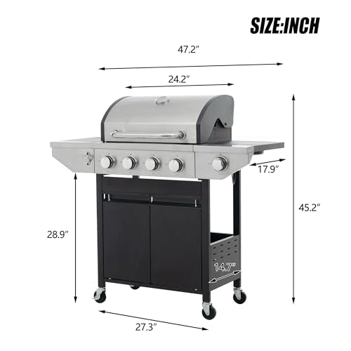 4 Burner Gas Grill with Side Burner, Stainless Steel Propane BBQ U7093
