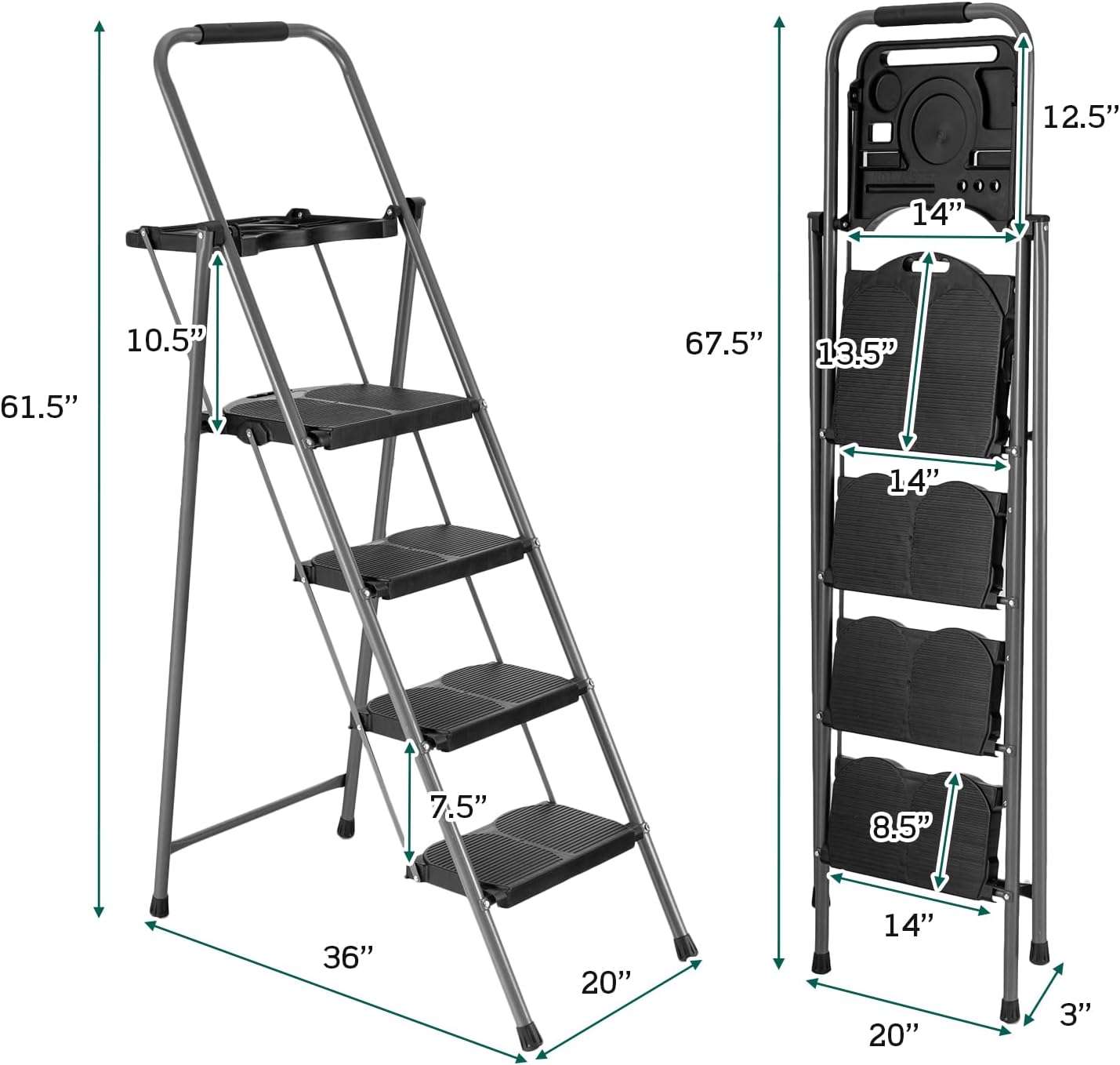 Hysache 4 Step Folding Ladder with Handrail, Black S9688