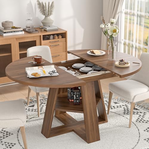Extendable Round Dining Table for 4-8 with Removable Leaves, Wood Base, Walnut V742