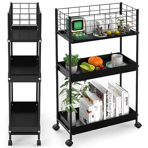 3 Tier Rolling Utility Cart, Slim Storage Rolling Cart, Metal Multifunctional Utility Cart, Slide Out Storage Cart, Rolling Trolley for Kitchen,Bathroom,Living Room,Office (Black)