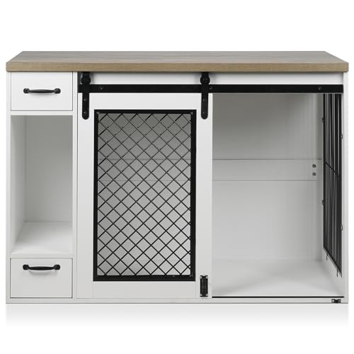 Extra Large Dog Crate Furniture 85" Sliding Door Double Kennel for 2 Large Dogs, White N35378