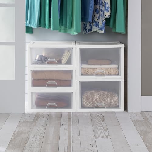 Sterilite 4-Pack 27 Quart Stacking Drawer, Clear Storage Organizer with White Frame M965