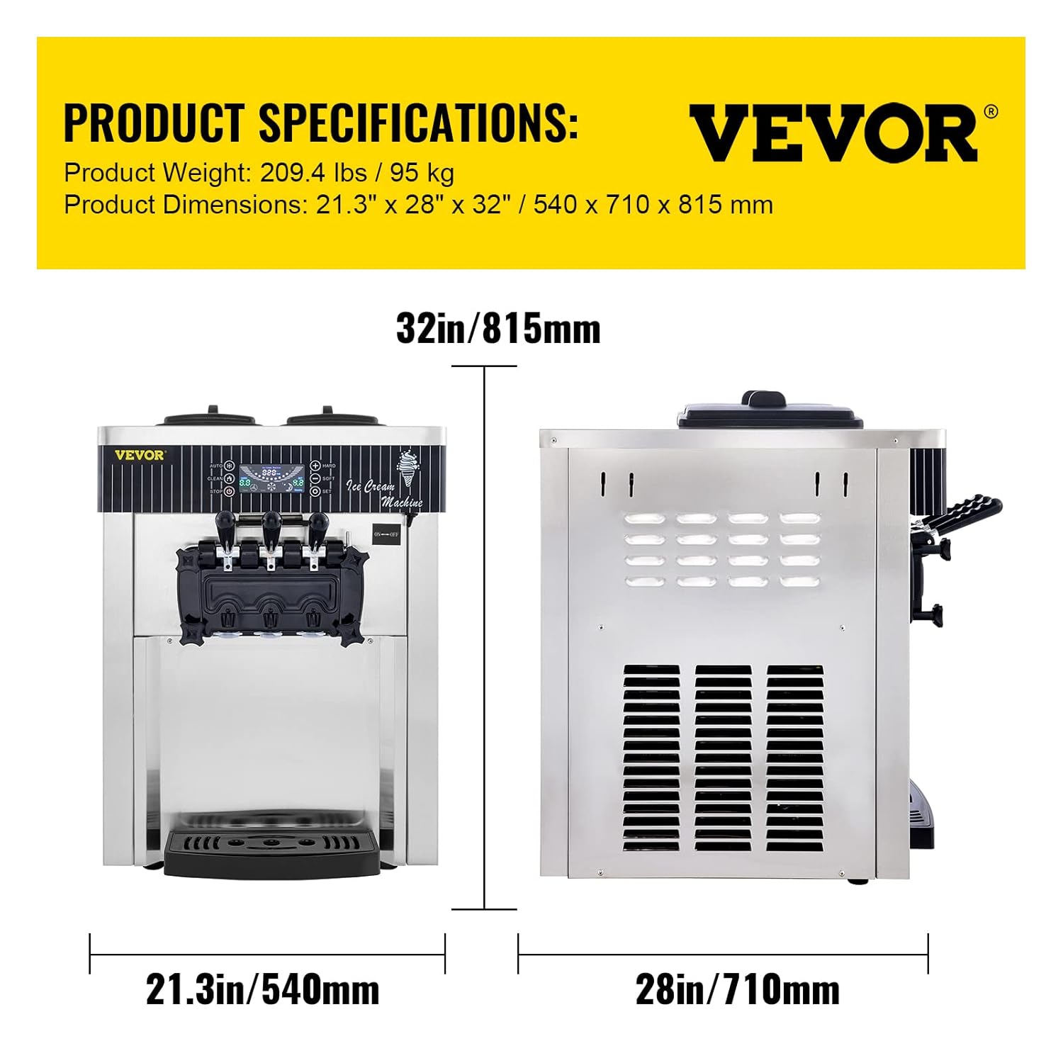 VEVOR Commercial Ice Cream Machine Soft Serve 3 Flavors with LED Display, 2200W O8478