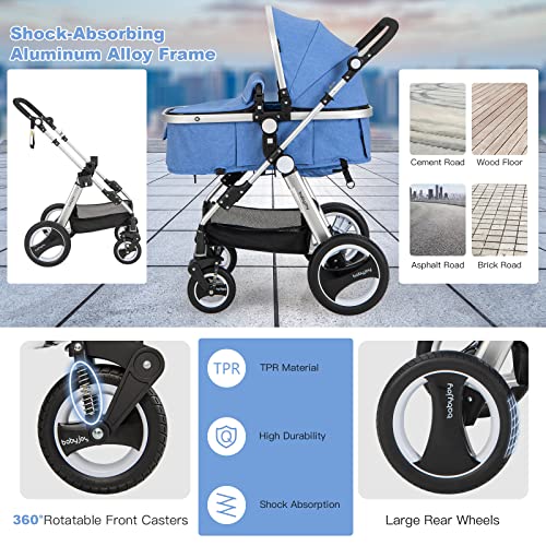 BABY JOY 2-in-1 Convertible Bassinet Reclining Stroller, Foldable Pram, Khaki I932
