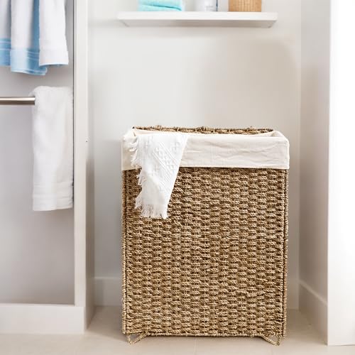 PrimeZone 90L Laundry Hamper with Lid, Foldable Natural Seagrass Basket with Removable Liner P139719