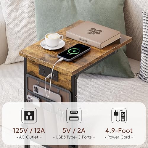 Vagusicc C Shaped End Table with Charging Station, Adjustable Height, Brown C747005