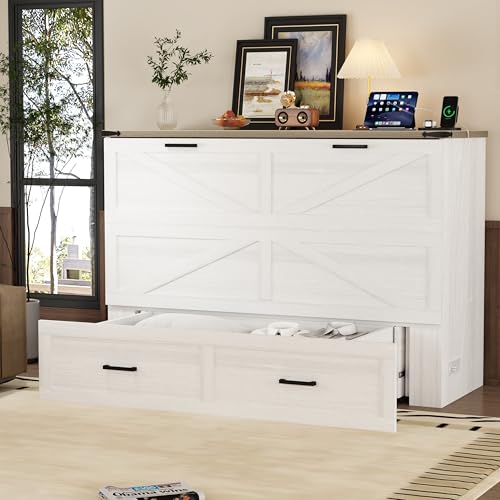 Murphy Cabinet Bed Frame with Charging Station, Full-Size Foldable Wall Bed Z526
