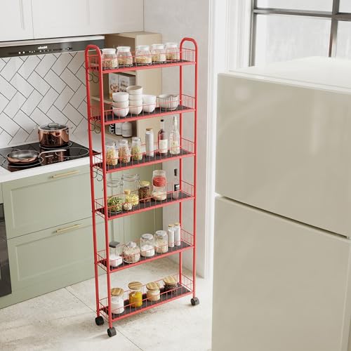 6-Tier Wire Storage Cart with Wheels for Small Spaces, Red Q62999