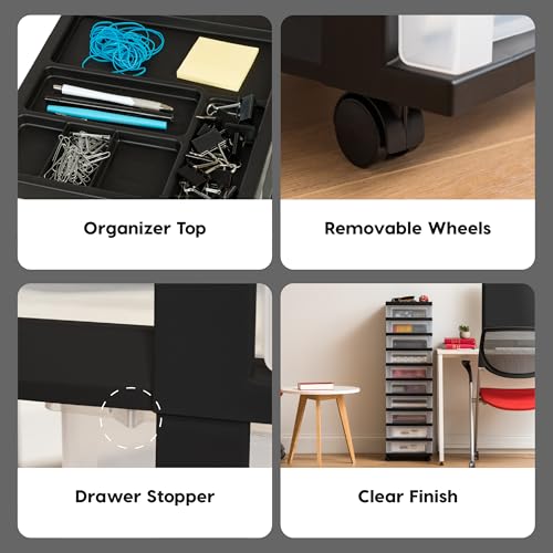 IRIS USA Plastic 10-Drawer Rolling Storage Cart with Wheels, Black/Clear T4065
