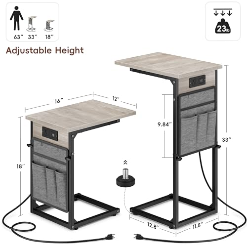 Vagusicc C Shaped End Table with Charging Station, Adjustable Height, Brown C747005