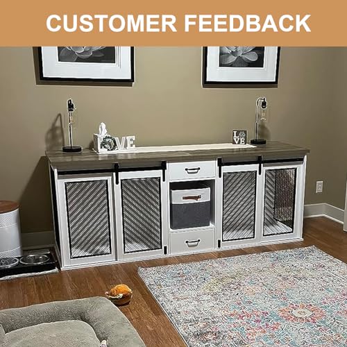 Extra Large Dog Crate Furniture 85" Sliding Door Double Kennel for 2 Large Dogs, White N35378