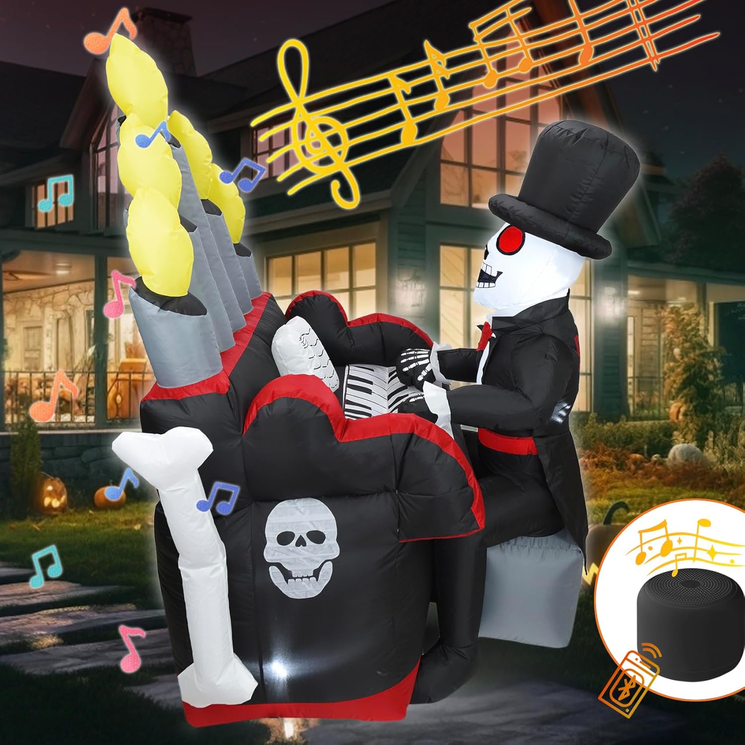 DearSun 5.4FT Halloween Inflatable Skeleton Playing Piano with Build-in LED Lights and Bluetooth Speaker, Blow up Halloween Inflatable Outdoor Indoor Decorations (Skeleton Playing Piano)