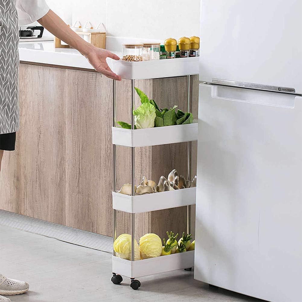4 Tier Narrow Sliding Storage Organizer Rack Rolling Cart White L318