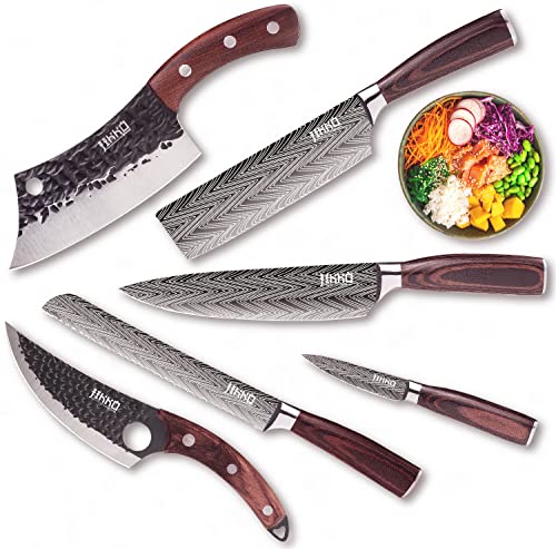 Jikko New 67 Layers Carbon Steel Japanese Knife Set - Original Series - Kitchen Knife Set with Walnut and Mahogany Wood Handles - 6 Japanese Chef's Knives with Exceptional Sharpness - HRC60 Approved