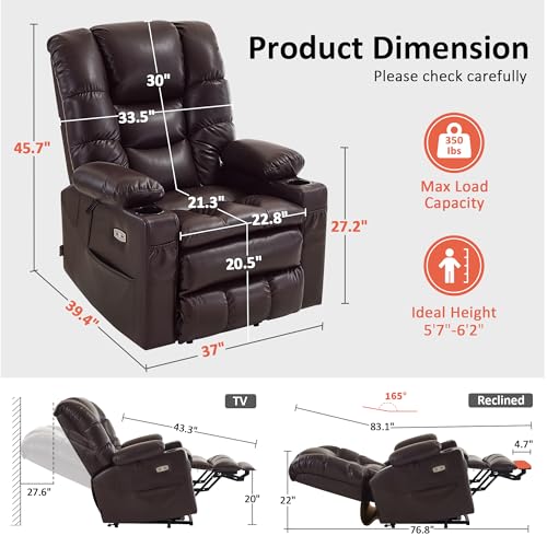 MCombo Large Triple Motor Power Lift Recliner Chair with Massage and Dual Heating, Faux Leather, Dark Brown X979