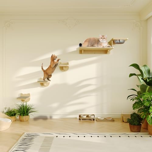 MeowHomm Cat Wall Shelves with 3 Steps and 2 Food Bowls S894