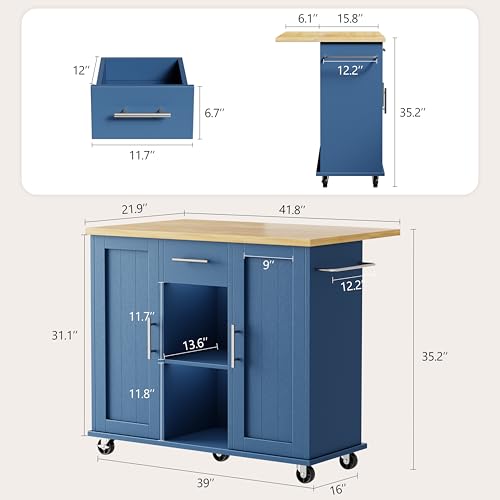Shintenchi Kitchen Island with Drop Leaf, Rolling Cart with Storage, White T972