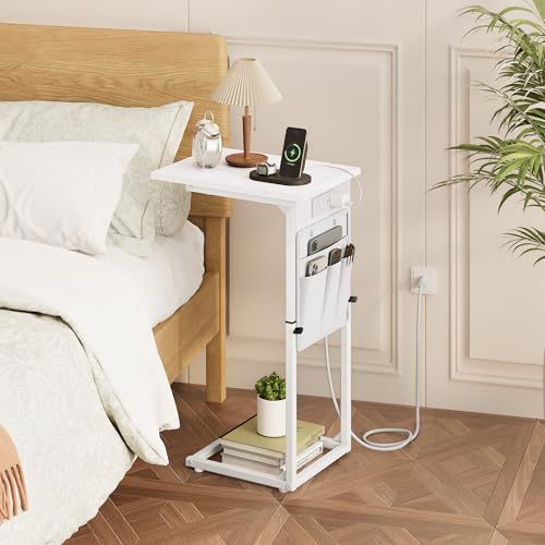 Vagusicc C Shaped End Table with Charging Station, Adjustable Height, Brown C747005