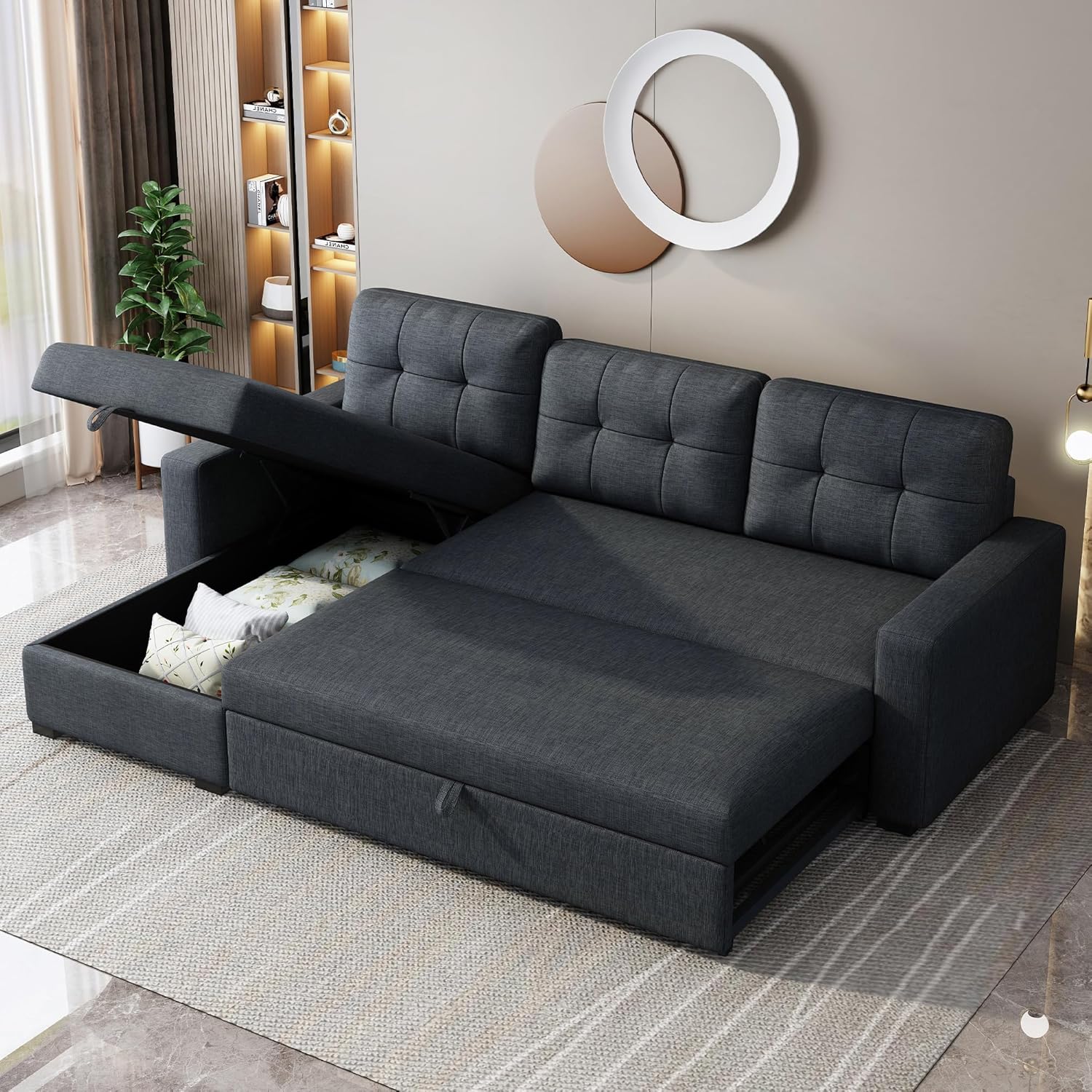 L Shaped Sleeper Sofa with Pull Out Bed and Storage, Dark Grey N88197
