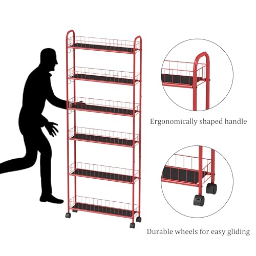 6-Tier Wire Storage Cart with Wheels for Small Spaces, Red Q62999
