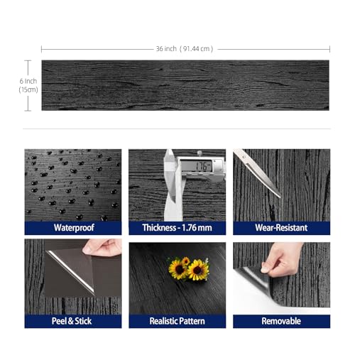 FunStick 17-Pack 6"x36" Peel and Stick Floor Tile Black Wood Vinyl Plank Waterproof S771