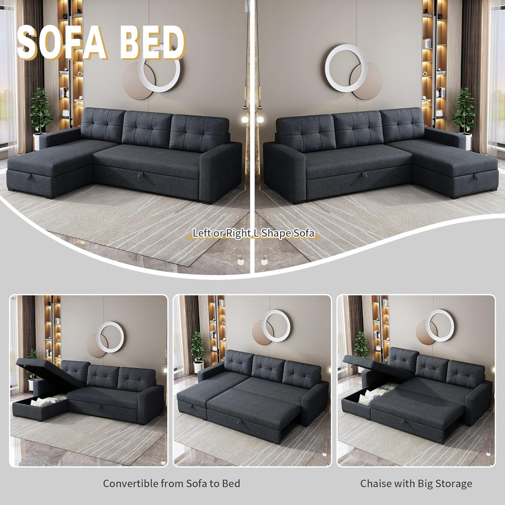 L Shaped Sleeper Sofa with Pull Out Bed and Storage, Dark Grey N88197