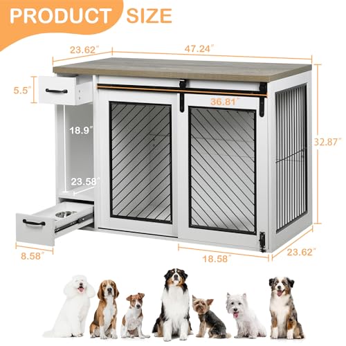 Extra Large Dog Crate Furniture 85" Sliding Door Double Kennel for 2 Large Dogs, White N35378