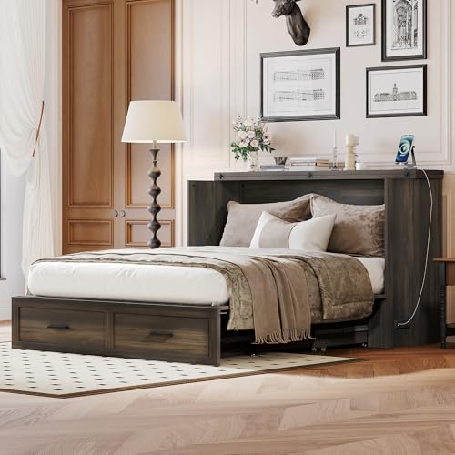 Murphy Cabinet Bed Frame with Charging Station, Full-Size Foldable Wall Bed Z526