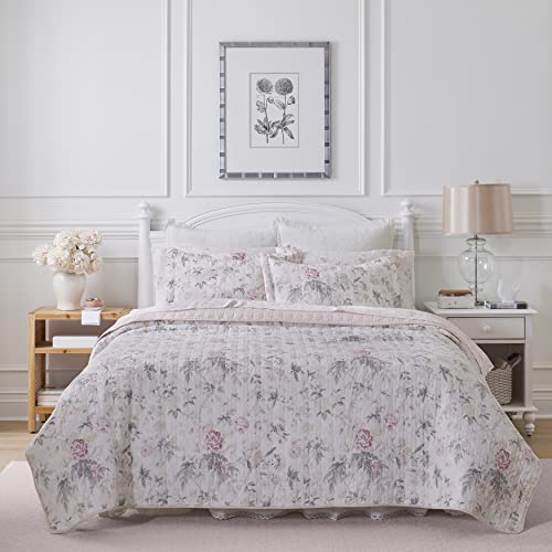 Laura Ashley - King Quilt Set, Reversible Cotton Bedding with Matching Shams, Lightweight Home Decor for All Seasons (Breezy Floral Pink/Grey, King)