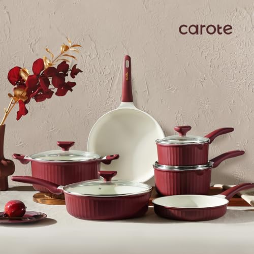 CAROTE 12pcs Pots and Pans Set Non Stick Granite Cookware, Dark Red A382831