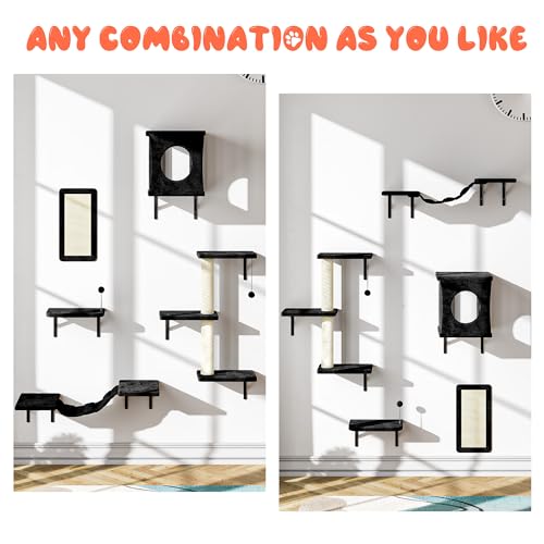 NUNU LAB Wall Mounted Cat Furniture, 7 Pcs Cat Wall Shelves with House, Gray T582052