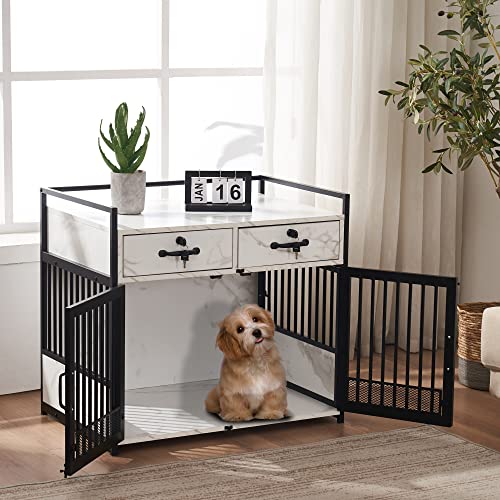 MCombo Furniture Style Dog Crate End Table with Storage Drawers, White D561