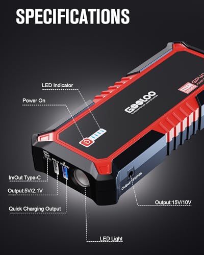 GOOLOO GP4000 4000A Peak Car Battery Jump Starter, Portable 12V Lithium Booster for Gas or Diesel Engines, Red P92977