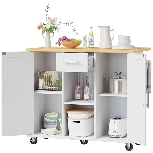 Shintenchi Kitchen Island with Drop Leaf, Rolling Cart with Storage, White T972