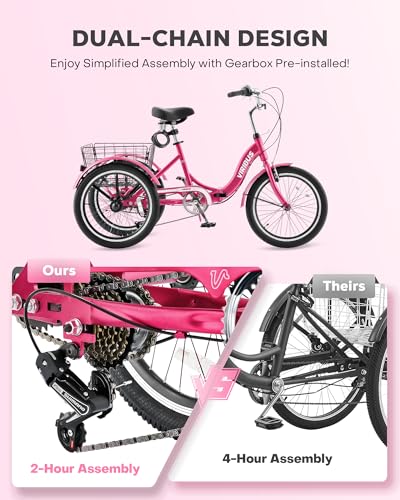 Viribus Folding Adult Tricycle 7 Speed, 20 Inch, 3 Wheel Bike, Deep Pink S660