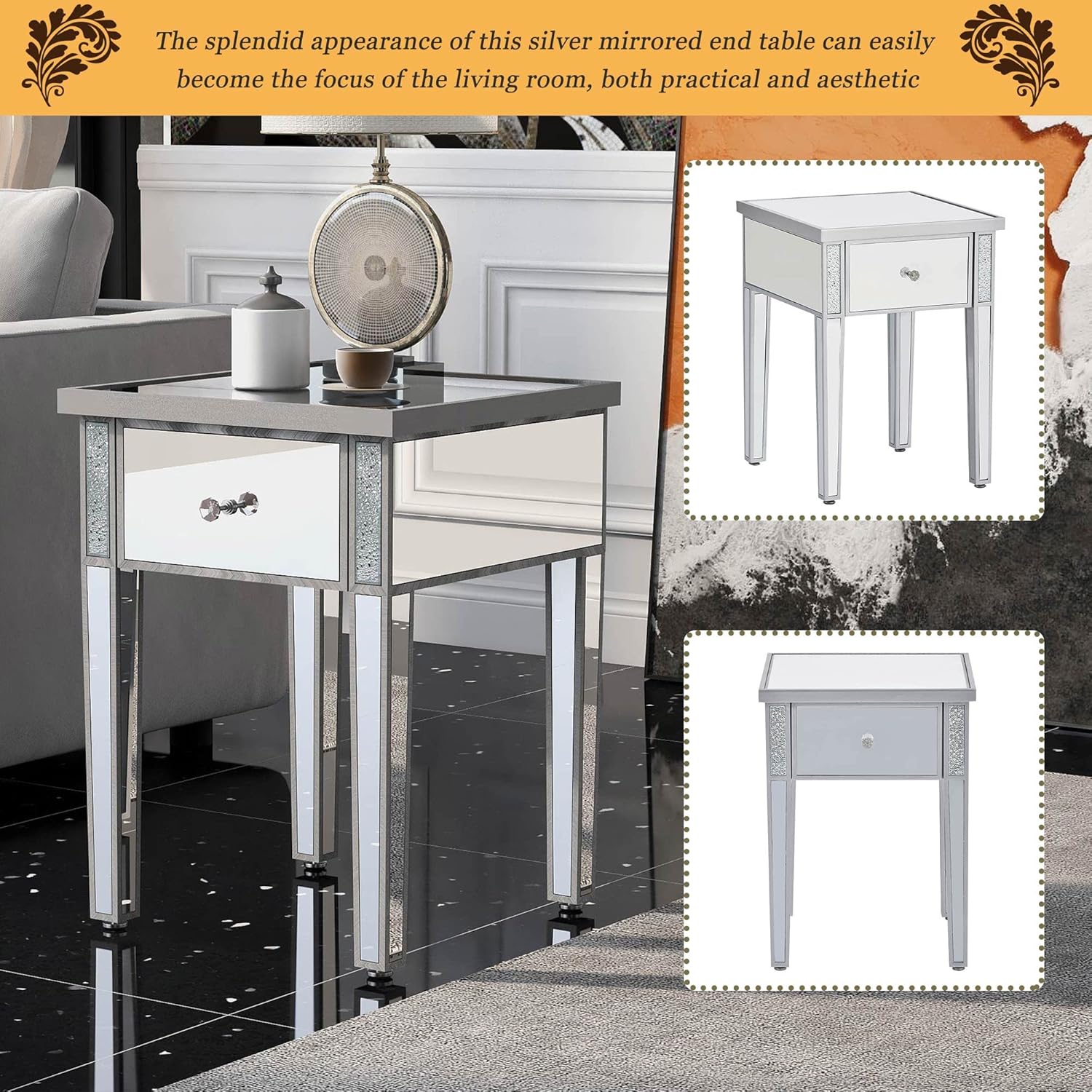 Modern Glass Mirrored End Table with Drawer, Silver V735