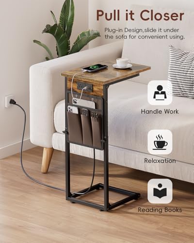 Vagusicc C Shaped End Table with Charging Station, Adjustable Height, Brown C747005