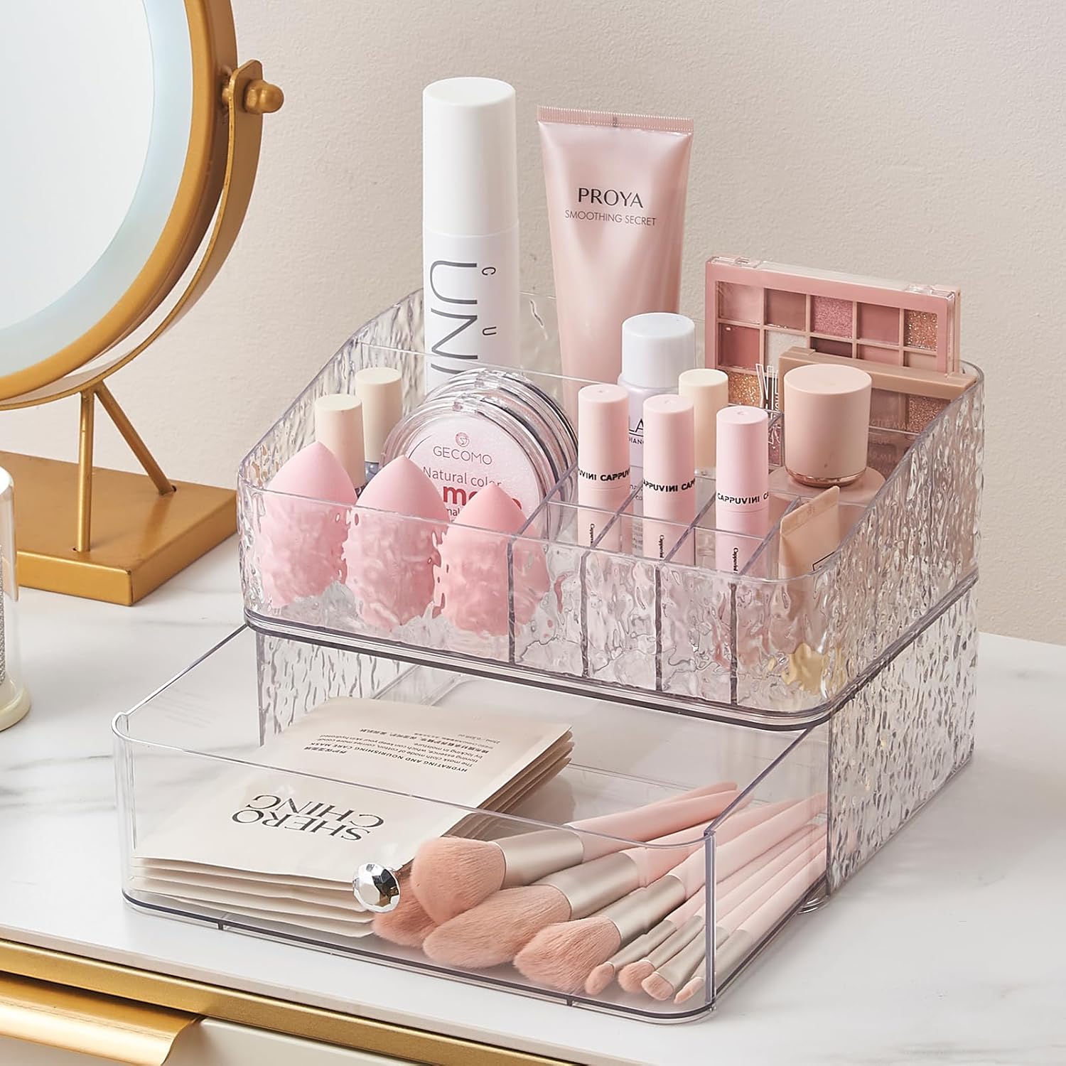 SUNFICON Makeup Organizer Stackable Cosmetic Tray Set with Drawer Storage N490
