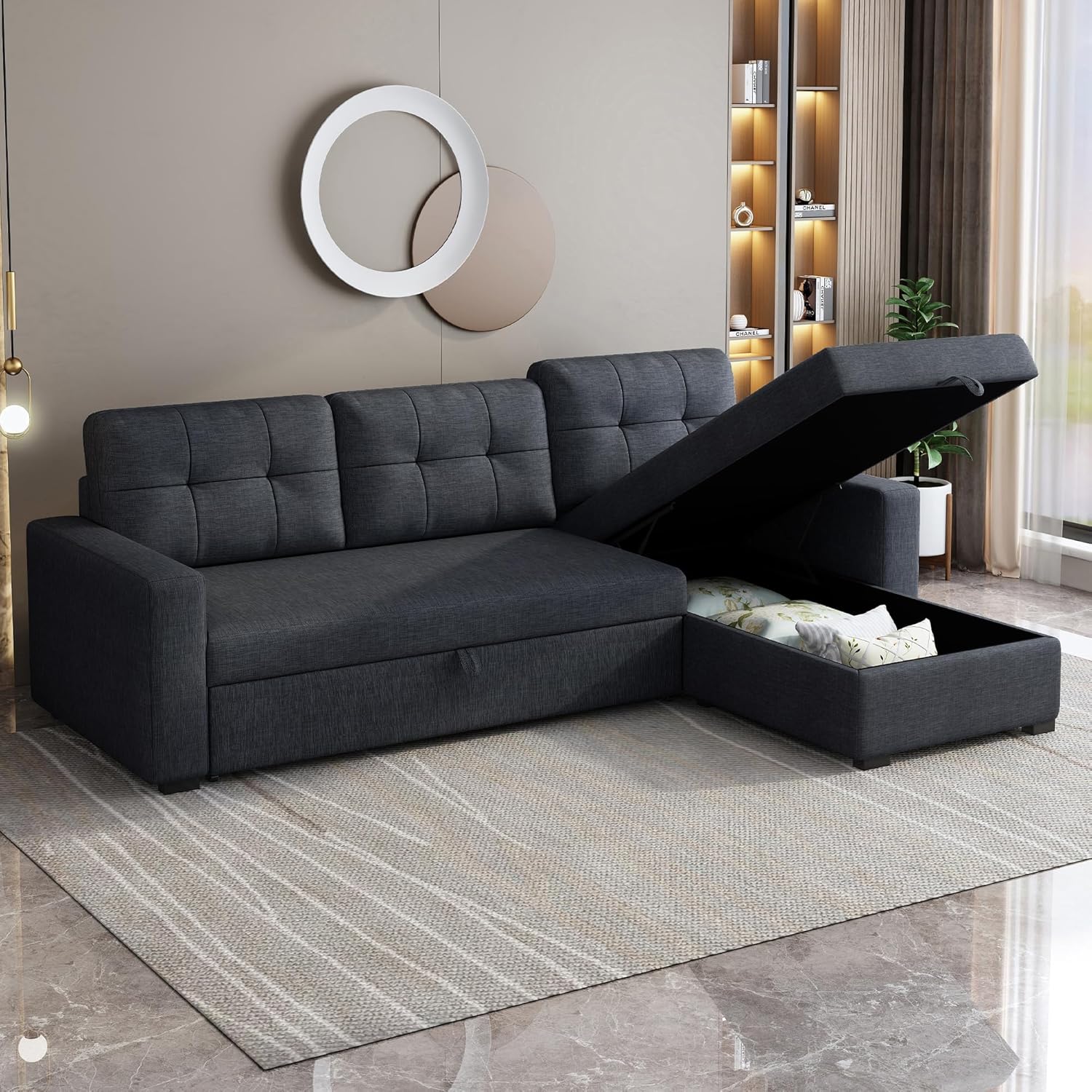 L Shaped Sleeper Sofa with Pull Out Bed and Storage, Dark Grey N88197