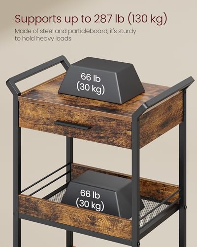VASAGLE 4-Tier Rolling Utility Cart with Table Top, Lockable Casters, Rustic Brown and Ink Black L57262