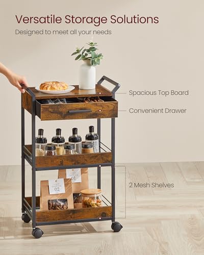 VASAGLE 4-Tier Rolling Utility Cart with Table Top, Lockable Casters, Rustic Brown and Ink Black L57262